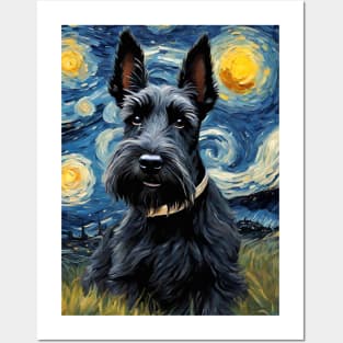 Adorable Scottish Terrier Dog Breed Painting in a Van Gogh Starry Night Art Style Posters and Art